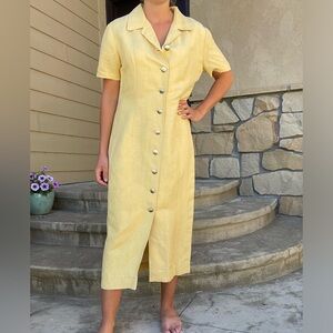 Vintage yellow linen button down maxi dress